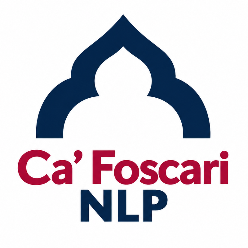 Ca’ Foscari NLP logo with teal, gold, and blue Venetian motifs